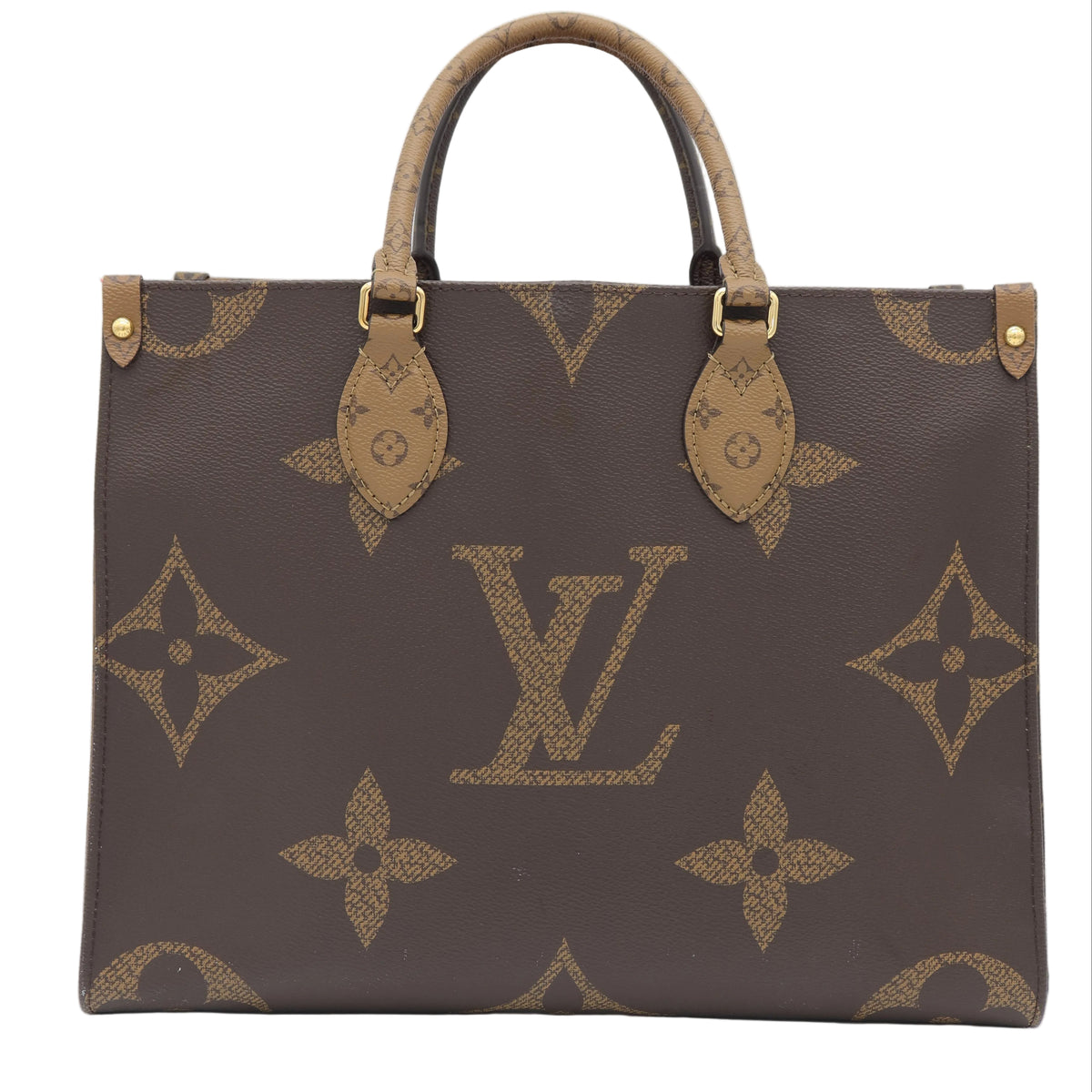 A Louis Vuitton monogram canvas tote bag in dark brown with tan leather handles and gold-tone hardware, photographed against a plain white background.