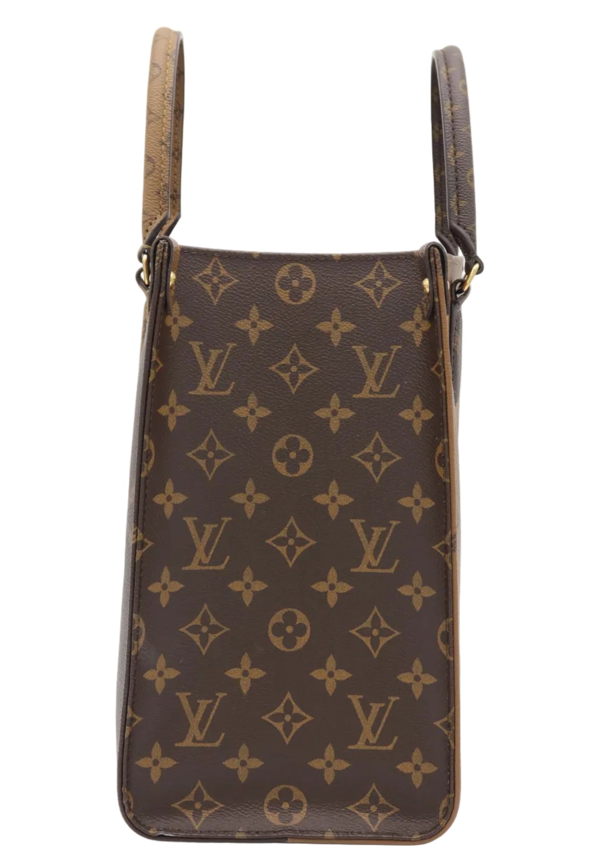 A Louis Vuitton monogram canvas shoulder bag in brown and tan, shown from the back against a white studio background.
