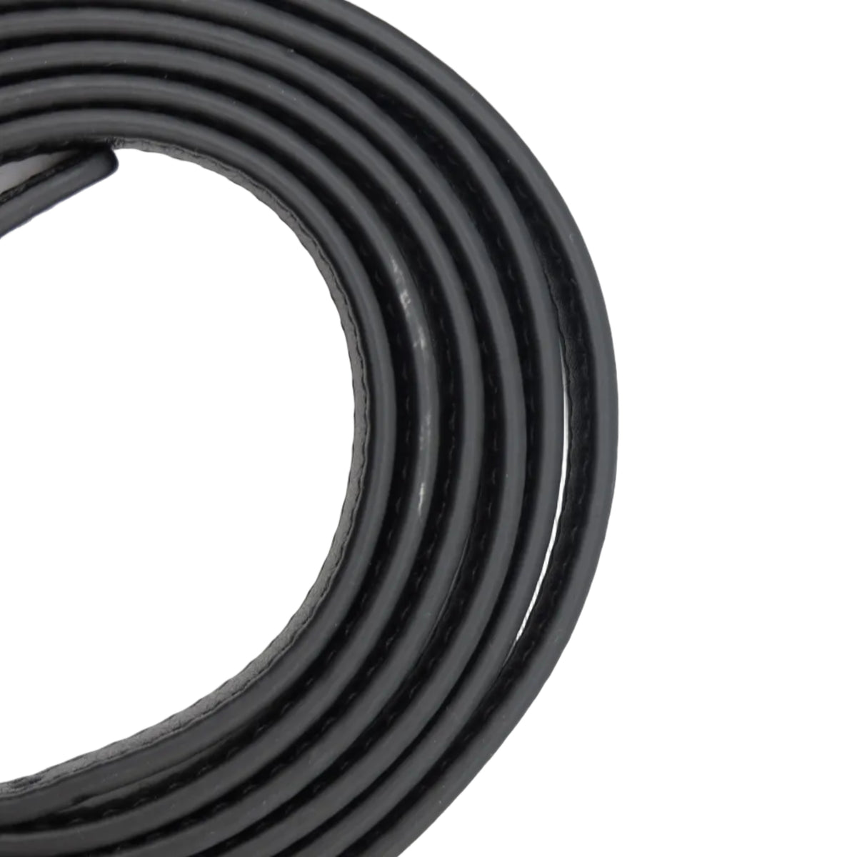 A coiled black rubber or plastic strip, likely a gasket or trim seal, photographed on a plain white background.