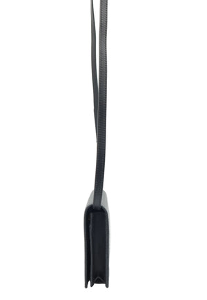 A black leather shoulder bag shown from a side profile view, featuring a thin black woven strap, set against a plain white background.