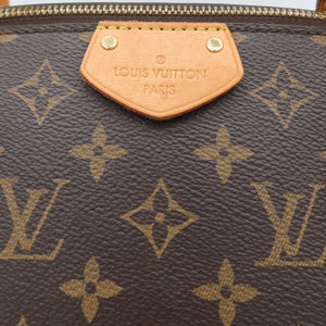Close-up of a Louis Vuitton monogram canvas bag with a tan leather logo tab and gold-tone hardware on a white background.