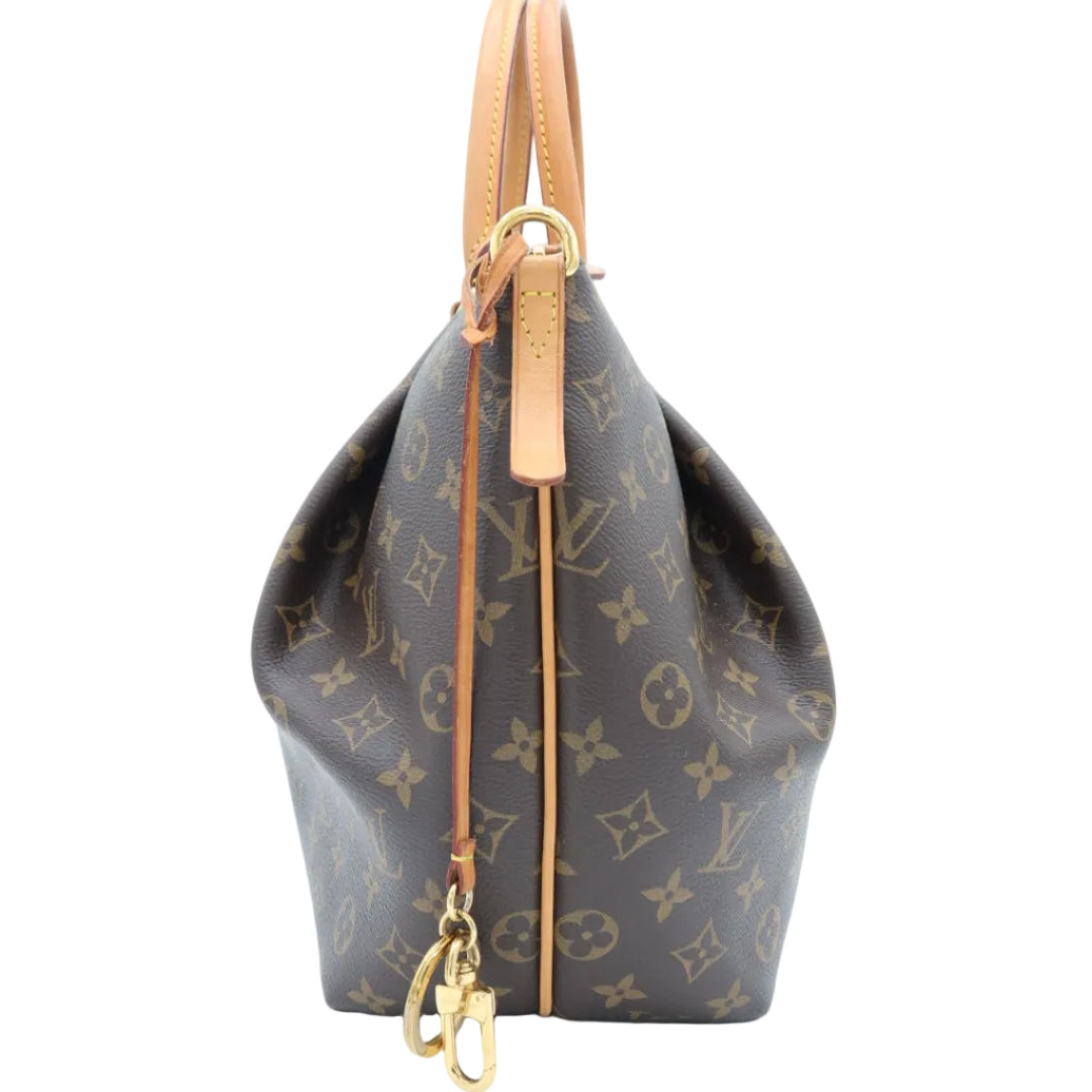A Louis Vuitton monogram canvas shoulder bag in brown with tan leather trim and gold-tone hardware, shown from the side against a white background.