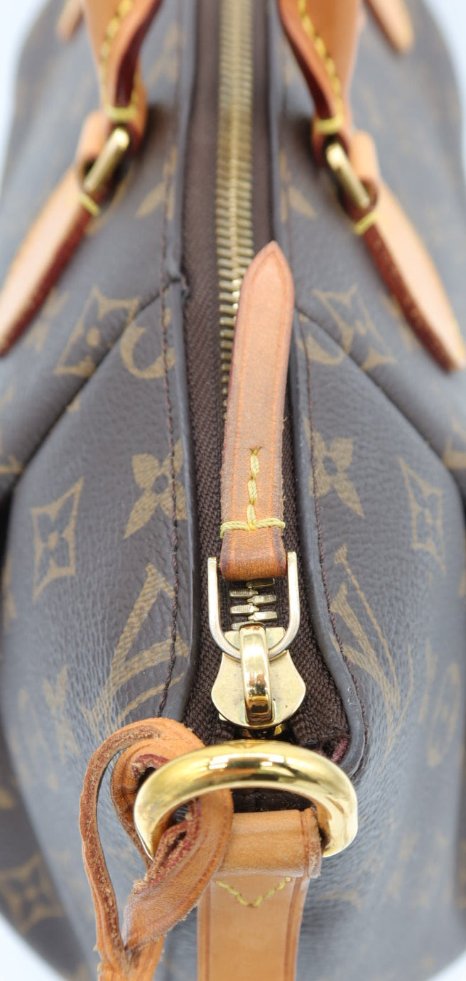 Close-up of a Louis Vuitton monogram Speedy bag in brown coated canvas with tan leather trim and gold-tone hardware, showing the zipper pull and attachment ring against a white background.