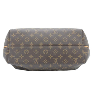 Louis Vuitton monogram canvas shoulder bag shown from the back, featuring the classic brown and tan monogram pattern on a white background.