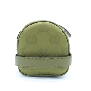 An olive green Gucci mini pouch featuring the brand's signature GG monogram canvas and a matching leather strap, shown against a plain white background.
