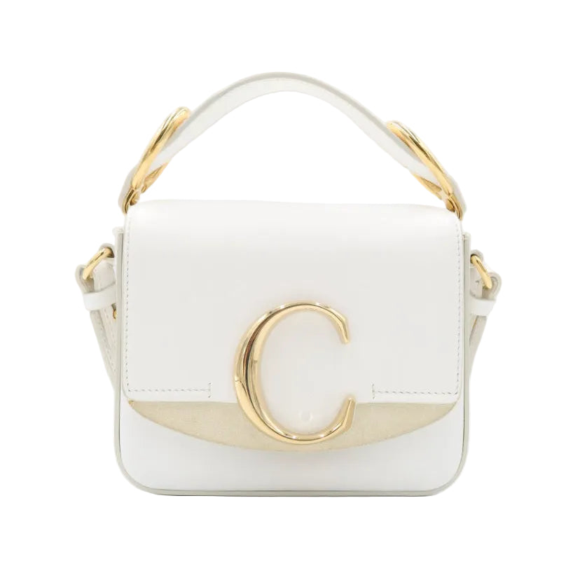 Chloé Shiny Calfskin Suede Mini C Double Carry Bag Brilliant White