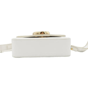 A white leather crossbody bag with a gold-tone buckle closure and a matching white strap, shown from a front-facing angle on a white background.
