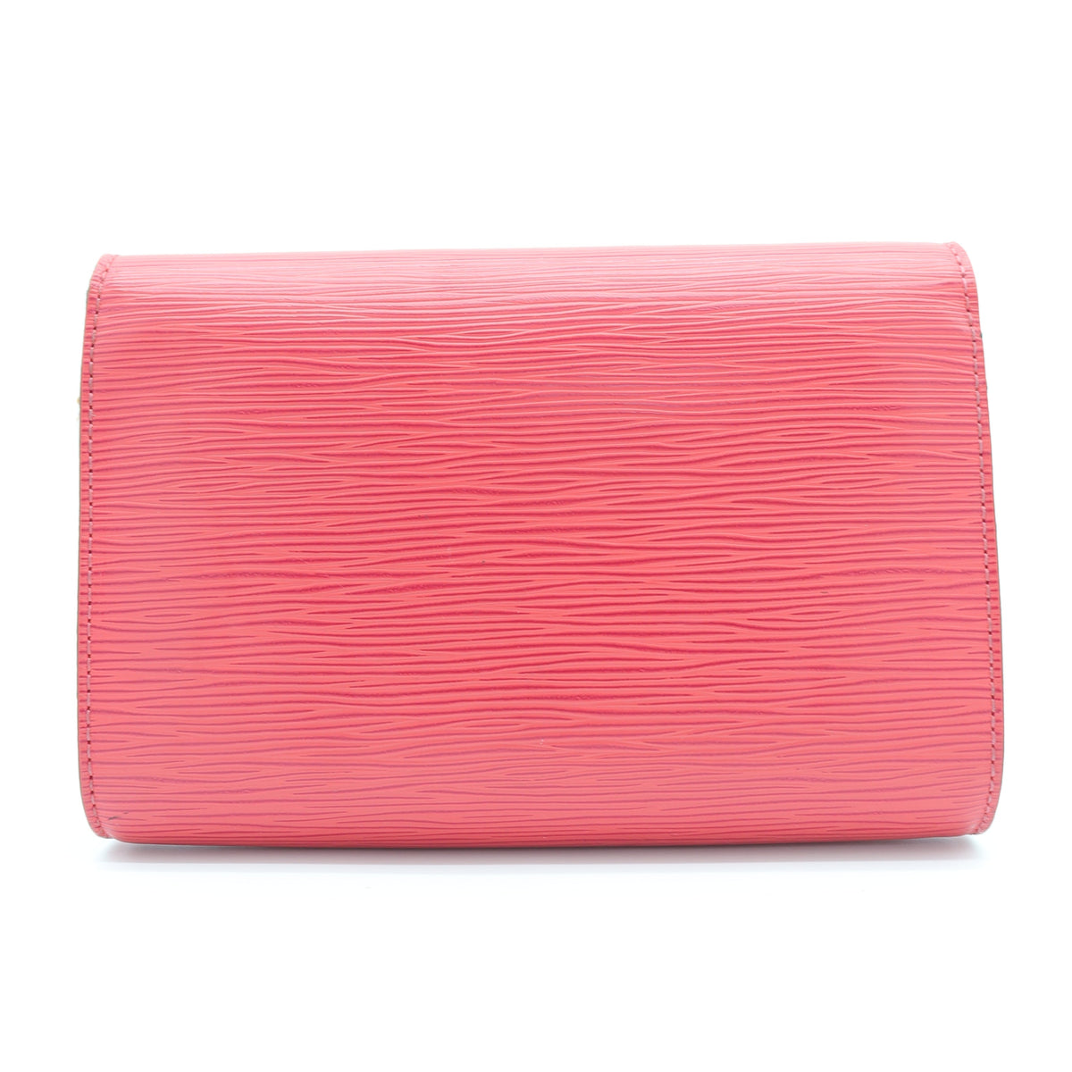 A pink textured leather clutch wallet with a horizontal grain pattern, shown from the front on a plain white background.