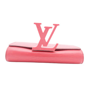 A pink Louis Vuitton monogram clutch bag made of textured Epi leather, featuring a large 3D LV logo on the front flap, set against a plain white background.