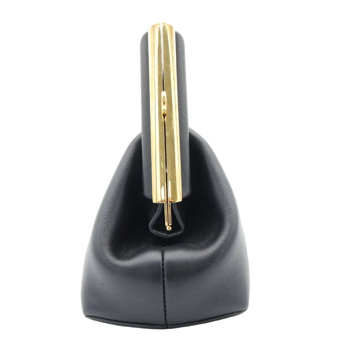 A black leather clutch handbag with a distinctive curved top handle featuring a polished gold-tone metal center stripe, shown from a direct front-facing angle on a white background.