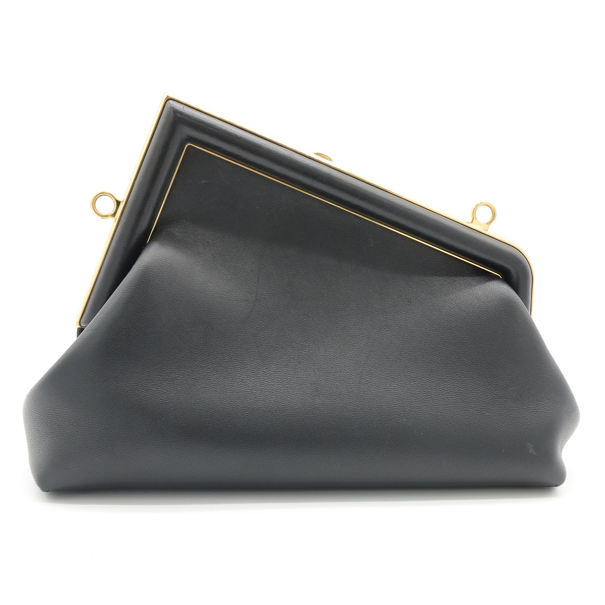 A black leather clutch bag with a gold-tone metal frame and clasp, shown from a side angle on a white background.