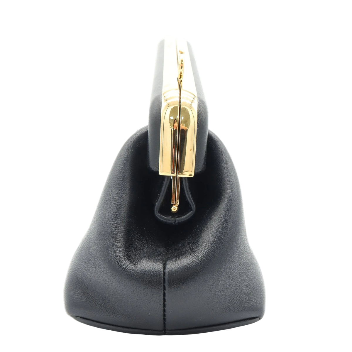 A black leather handbag shown from the back, featuring a prominent gold-tone metal clasp and a clear acrylic back panel, set against a plain white background.