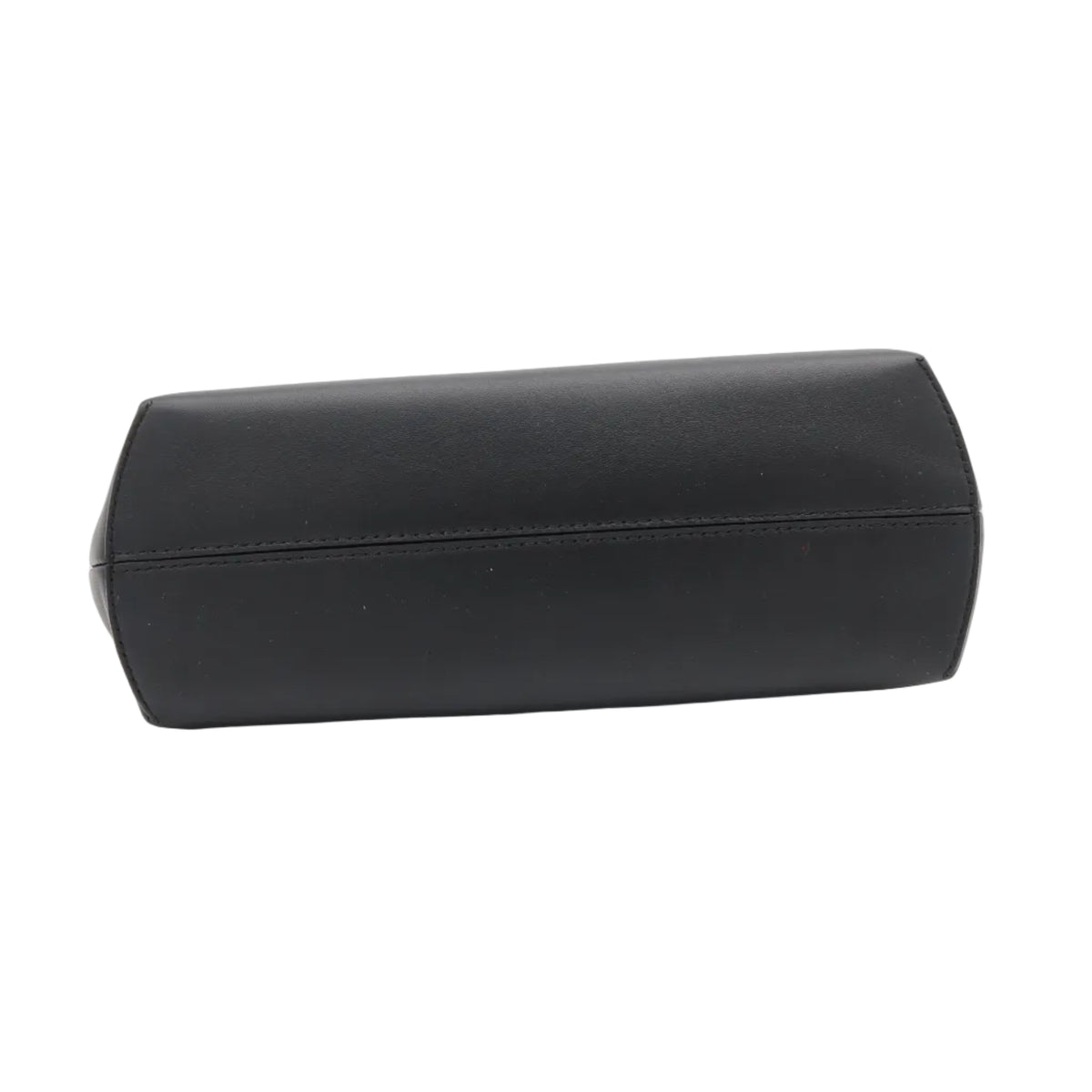 A black leather clutch bag with a smooth texture, photographed from a side angle on a clean white background.