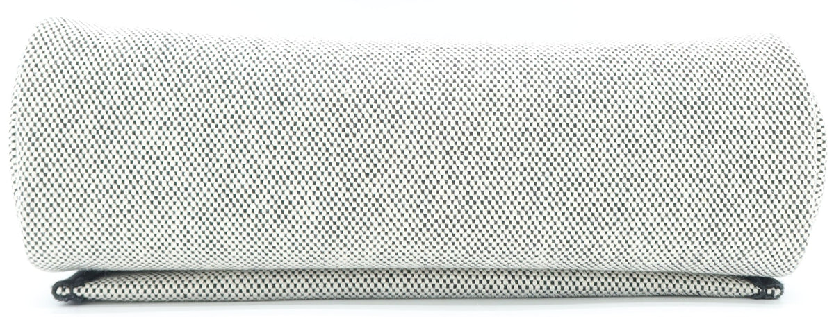 A light gray textured clutch purse with a dark metallic trim, shown folded on a solid white background.