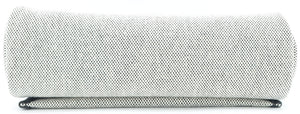 A light gray textured clutch purse with a dark metallic trim, shown folded on a solid white background.