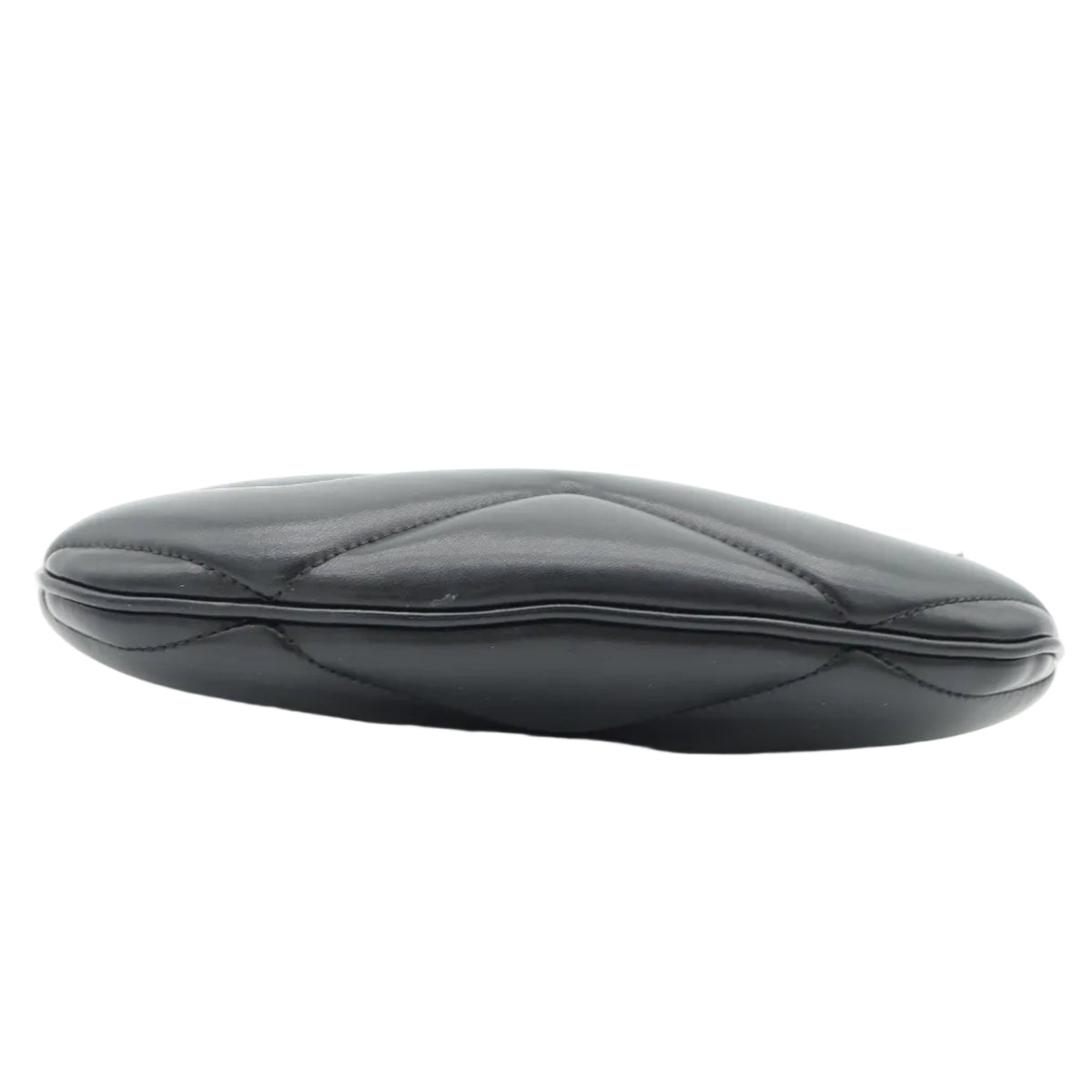 A black leather clutch bag with a quilted pattern, shown from a side profile view on a white background.
