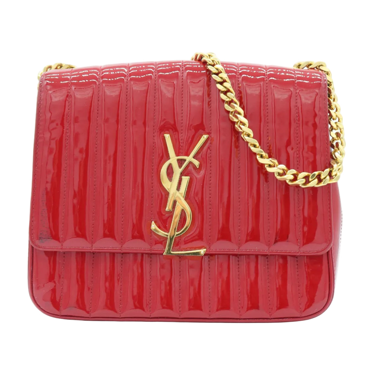 A red patent leather shoulder bag with a quilted vertical stripe texture, a gold-tone chain strap, and a gold YSL monogram logo on the front flap, set against a plain white background.
