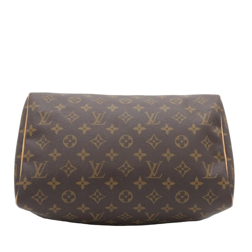 A Louis Vuitton monogram canvas shoulder bag in brown and tan, photographed against a clean white background.