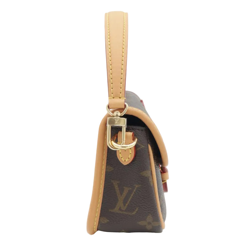 A Louis Vuitton monogram shoulder bag in dark brown coated canvas with tan leather trim and strap, featuring a gold-tone buckle, shown against a plain white background.