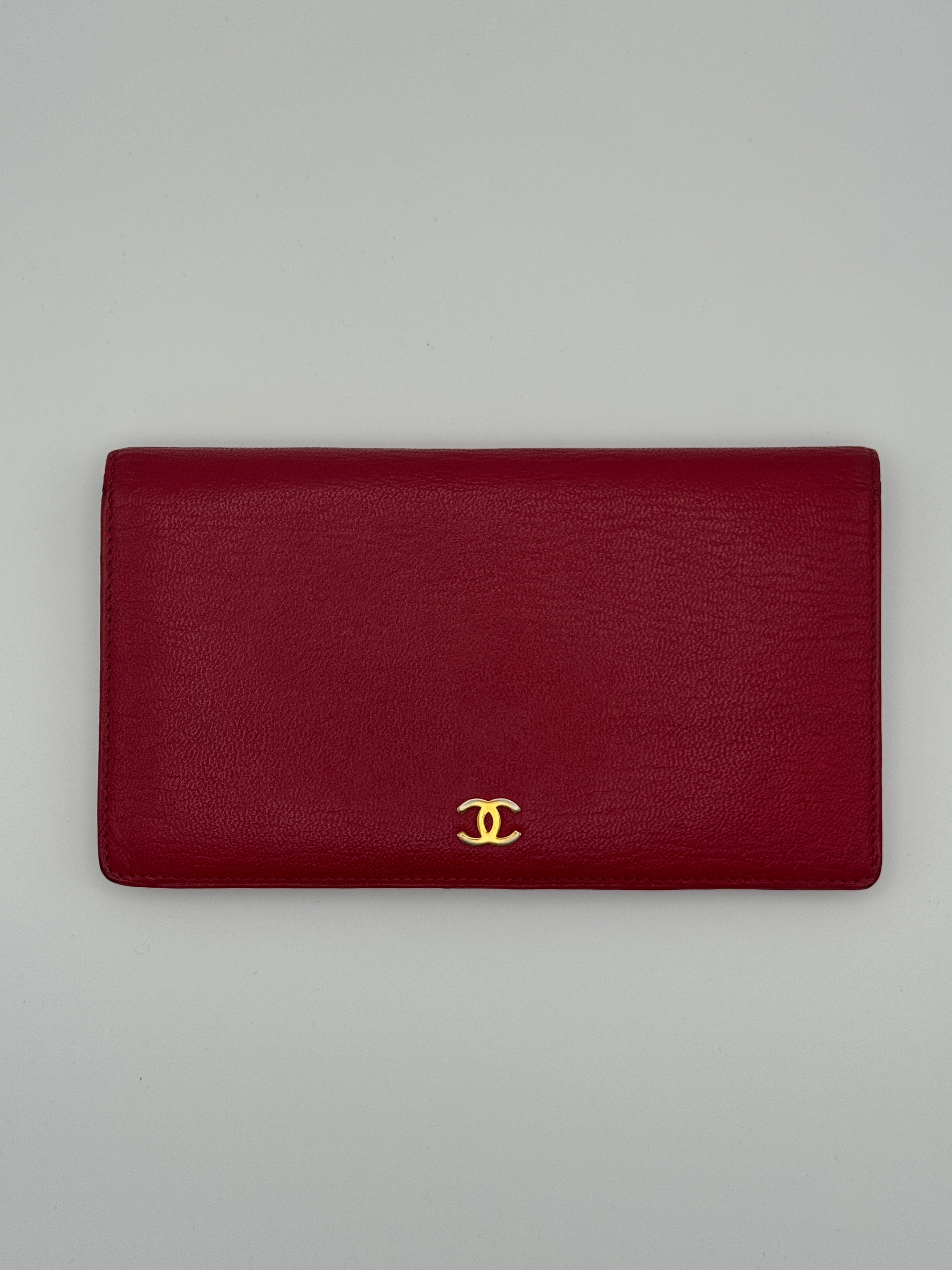 Chanel Red Caviar Leather Long Flap Wallet CC Logo Bifold Yen Wallet