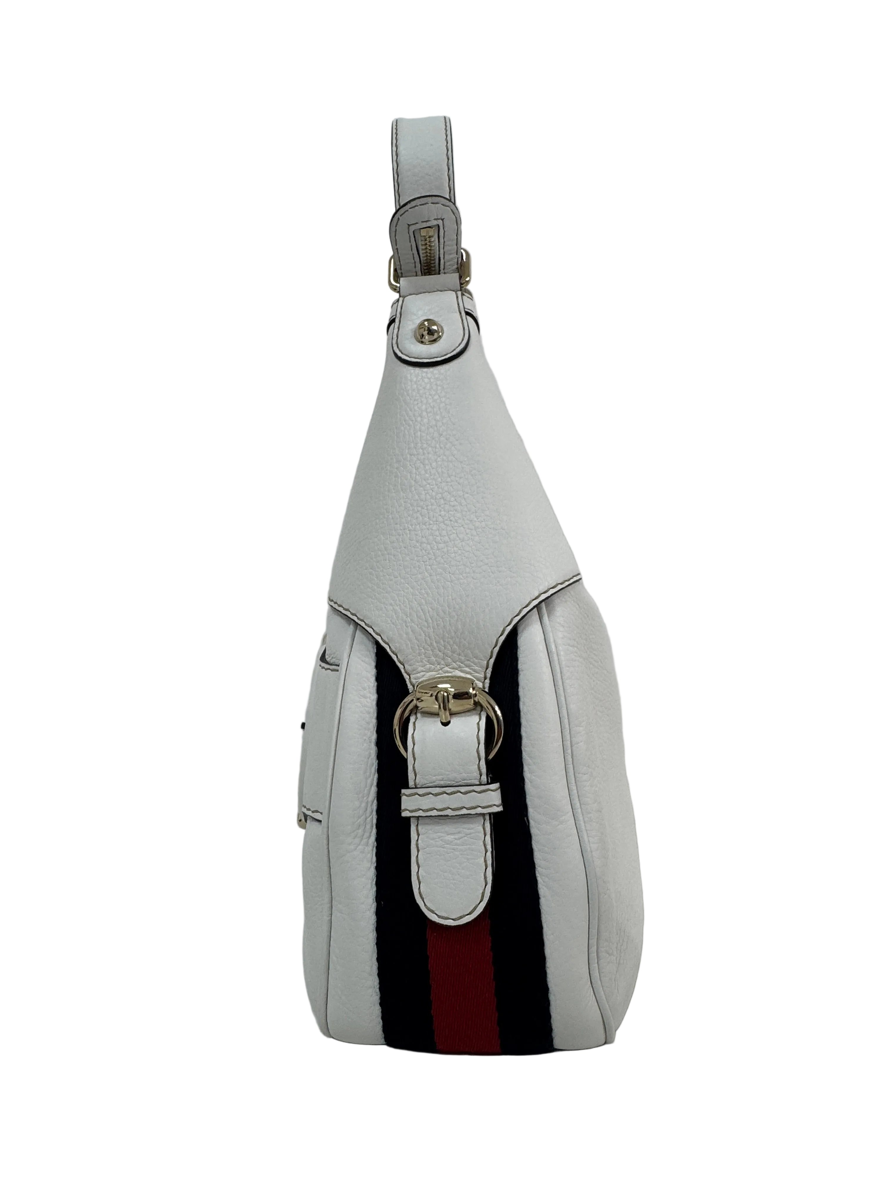 Gucci White Pebbled Leather Horsebit Web Hobo Shoulder Bag