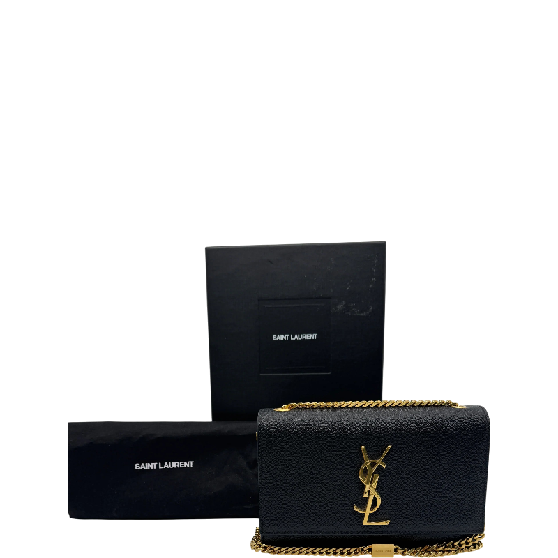 Saint Laurent Kate Black Grain de Poudre Leather Chain Wallet Clutch Gold YSL Logo