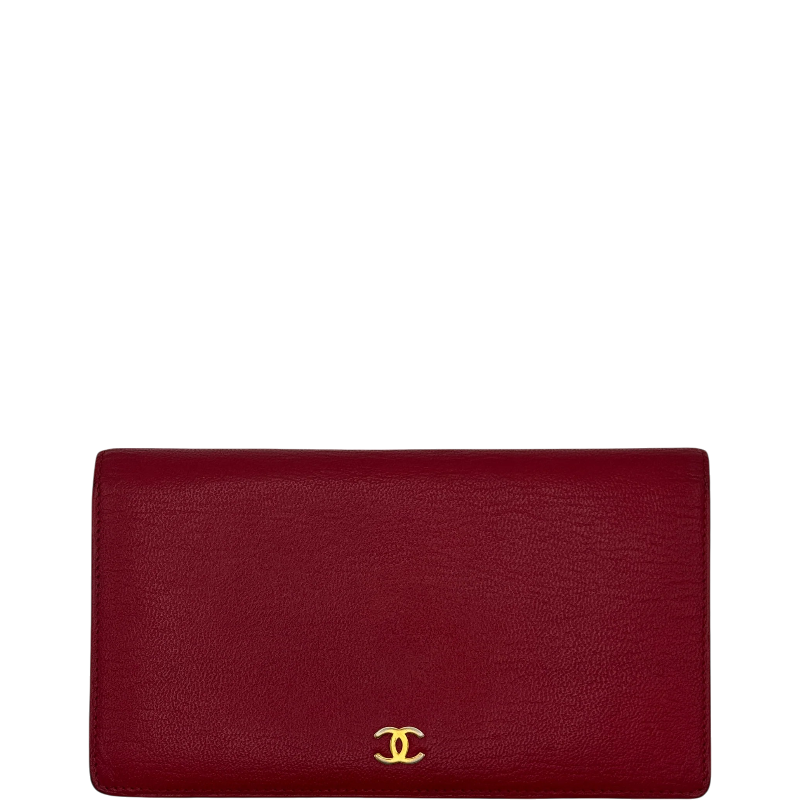 Chanel Red Caviar Leather Long Flap Wallet CC Logo Bifold Yen Wallet