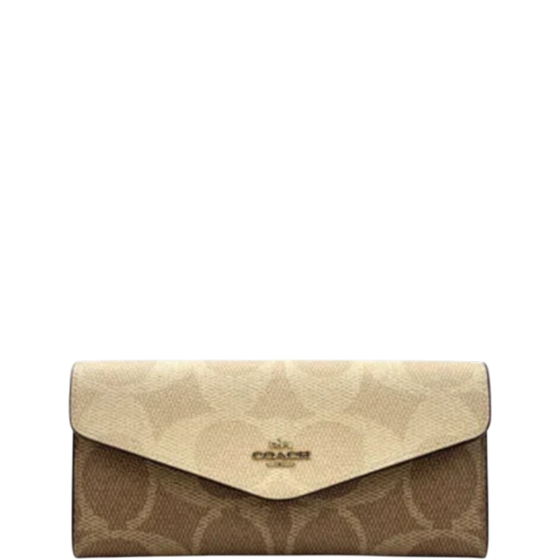 Coach Klare Wallet With Chain In Blocked Signature Canvas-Gold/Sand/Tan