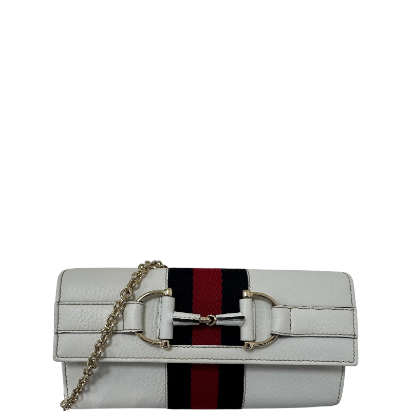 Gucci White Leather Horsebit Web Wallet on Chain Clutch Crossbody Bag
