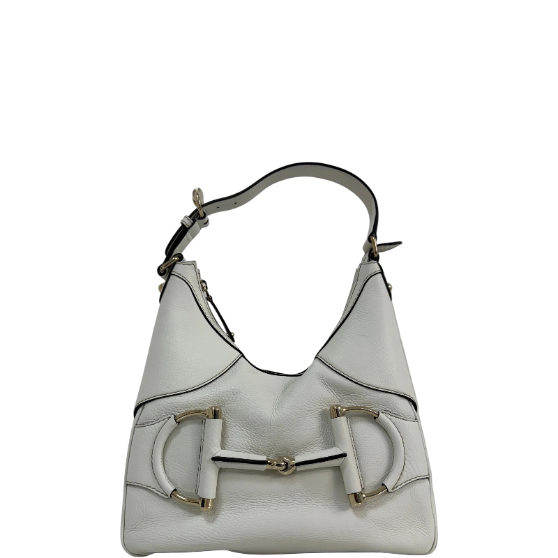 Gucci White Pebbled Leather Horsebit Web Hobo Shoulder Bag