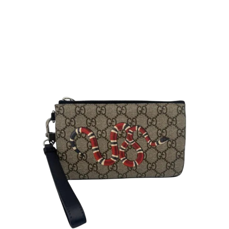 Gucci Kingsnake GG Supreme Wristlet Pouch Beige Ebony Clutch