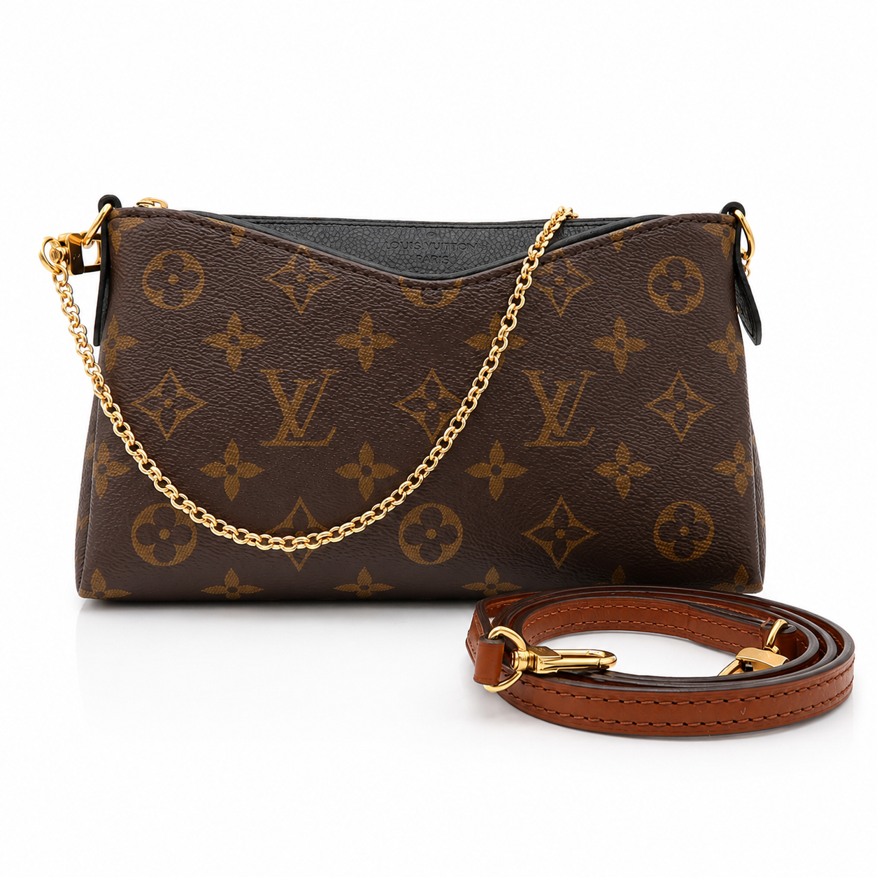 Louis Vuitton brown monogram canvas shoulder bag with a gold chain strap and a separate brown leather strap laid in front, on a white background.