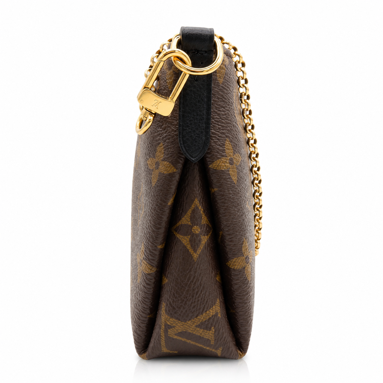 Louis Vuitton Pallas Clutch Monogram Noir Black 2-Way Chain Crossbody Bag, shown from the side on a white background.
