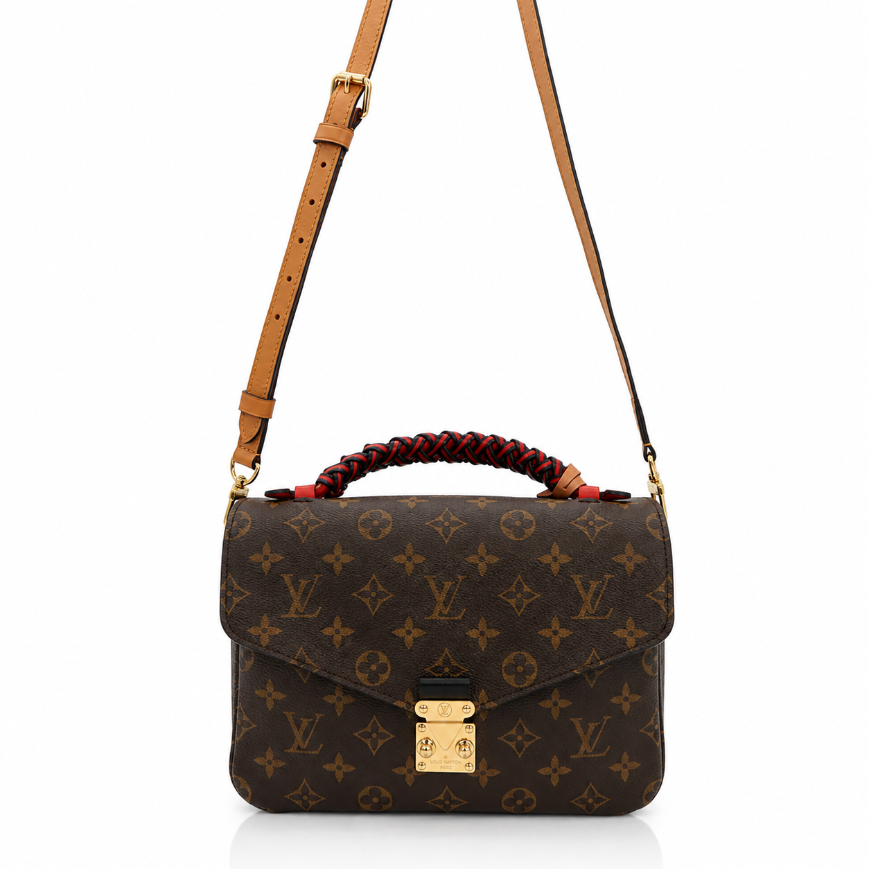 Louis Vuitton monogram canvas shoulder bag with a brown leather top handle featuring red accents, a gold-tone lock, and a gold monogram pattern, shown on a white background.