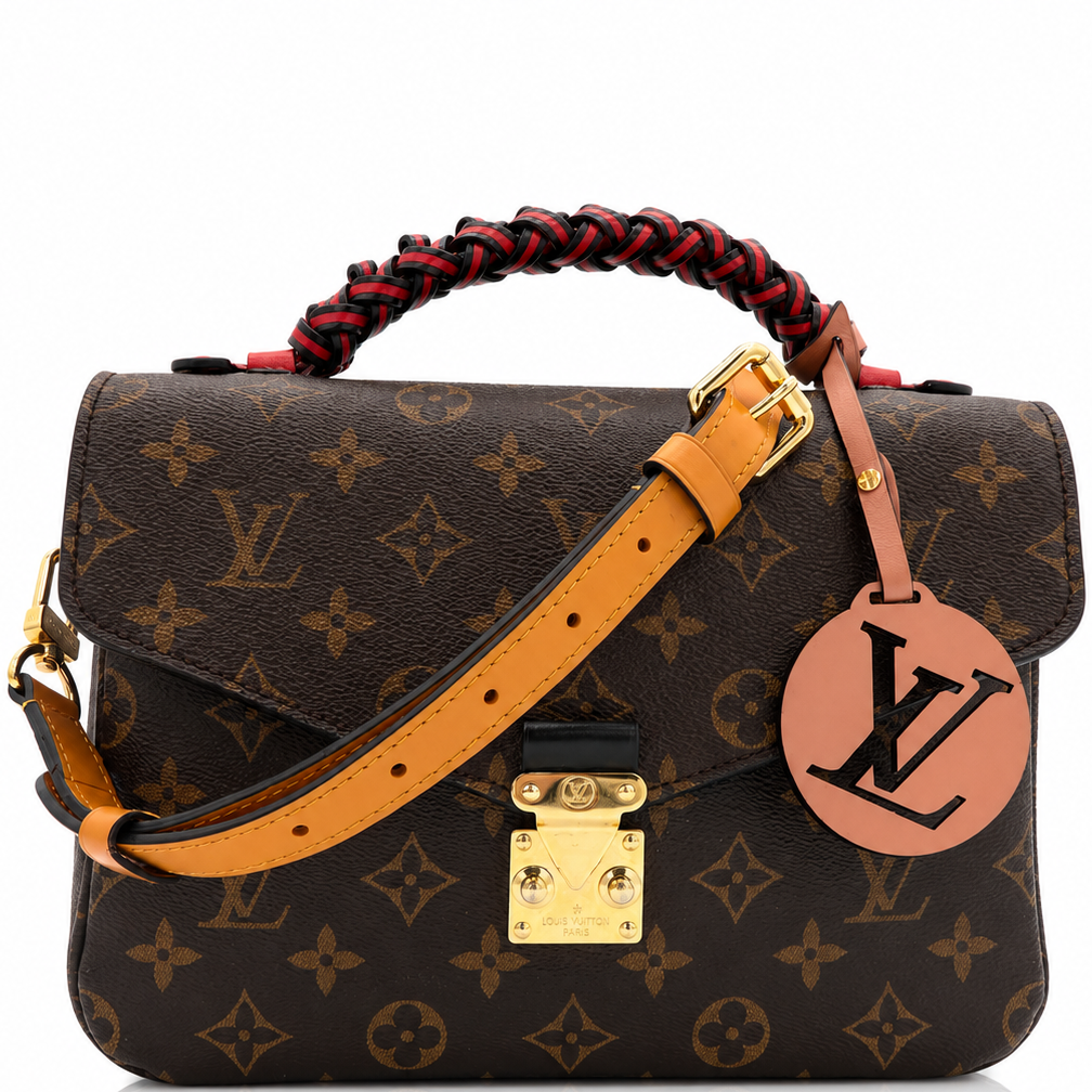 
Louis Vuitton Pochette Métis Crossbody Bag with Braided  leather strap, gold-tone hardware, and a round tan leather LV logo charm on a white background.