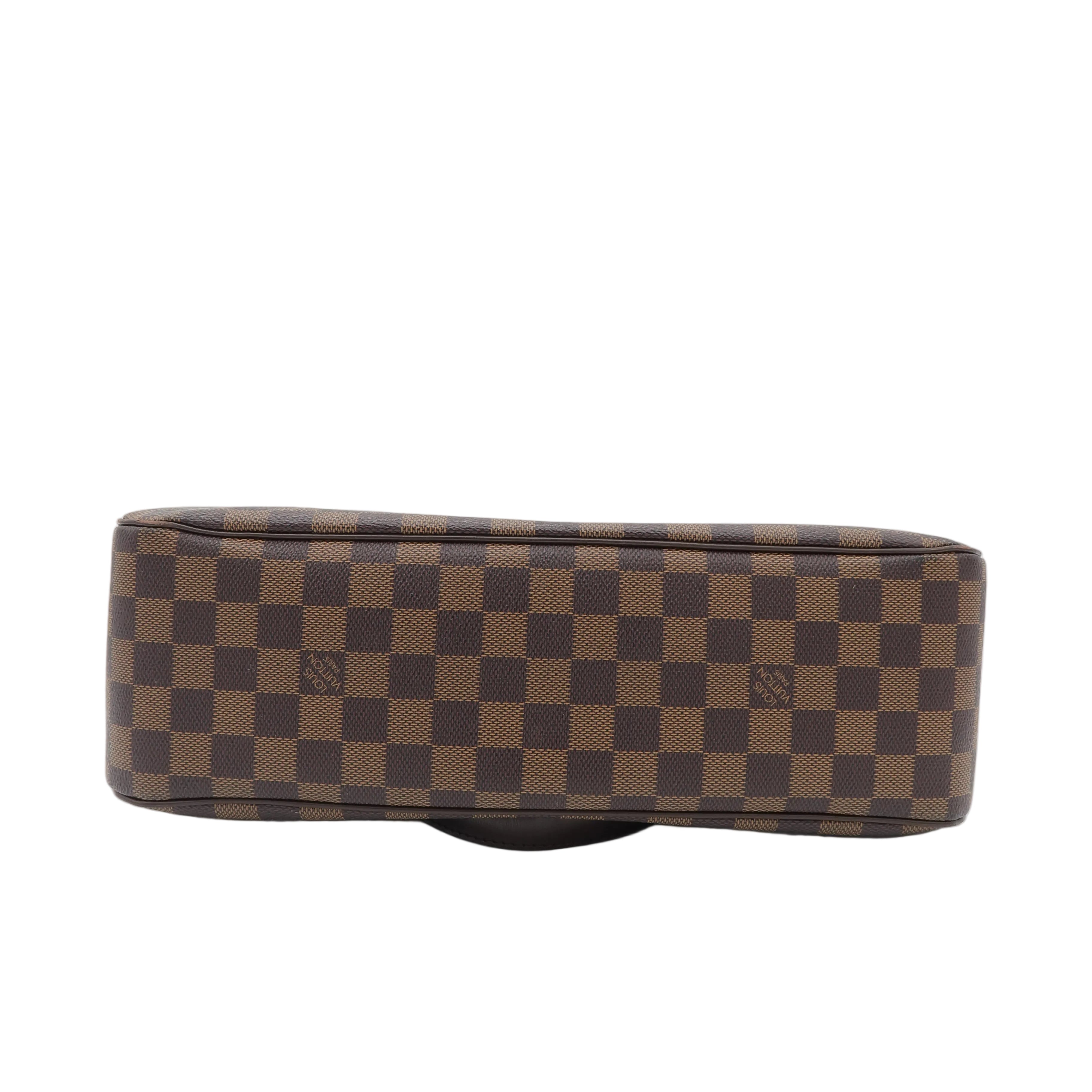 A Louis Vuitton shoulder bag in the Damier Ebene checkered canvas, shown from a side profile view on a white background.