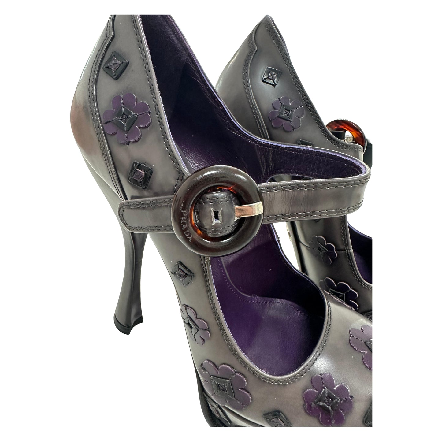 Prada Mary Jane Spazzolato Flower Platform Pumps Violet -Pre Owned