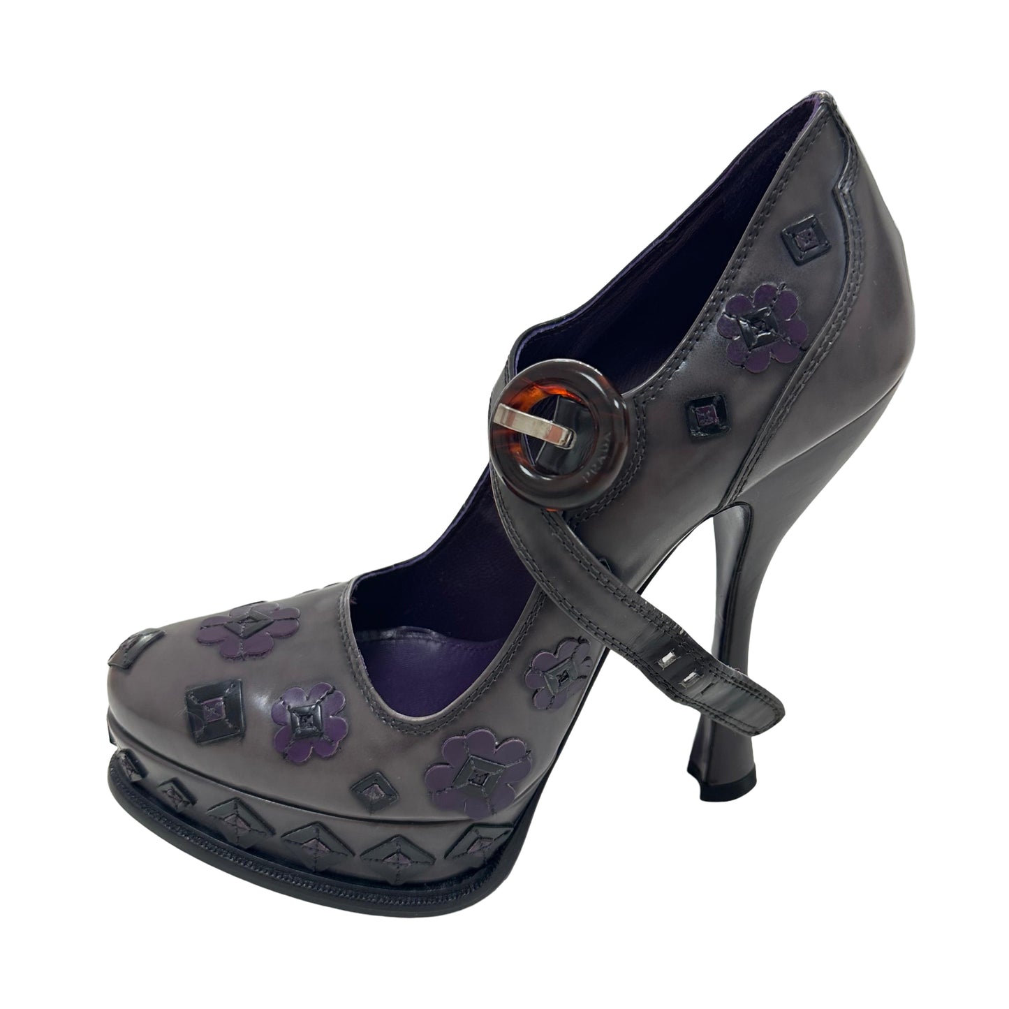 Prada Mary Jane Spazzolato Flower Platform Pumps Violet -Pre Owned