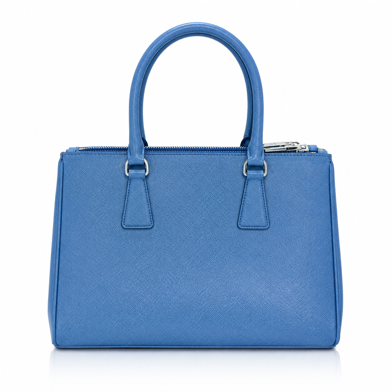 Prada Galleria Medium Saffiano Leather Medium blue textured leather handbag with double top handles, a top zipper closure, and silver-tone hardware, shown against a plain white background.