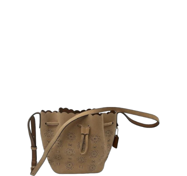 Coach Leather Drawstring Bucket Bag – Tan Perforated Floral – Crossbody Handbag - Used