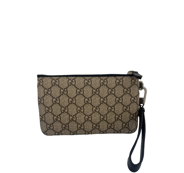 Gucci Kingsnake GG Supreme Wristlet Pouch Beige Ebony Clutch