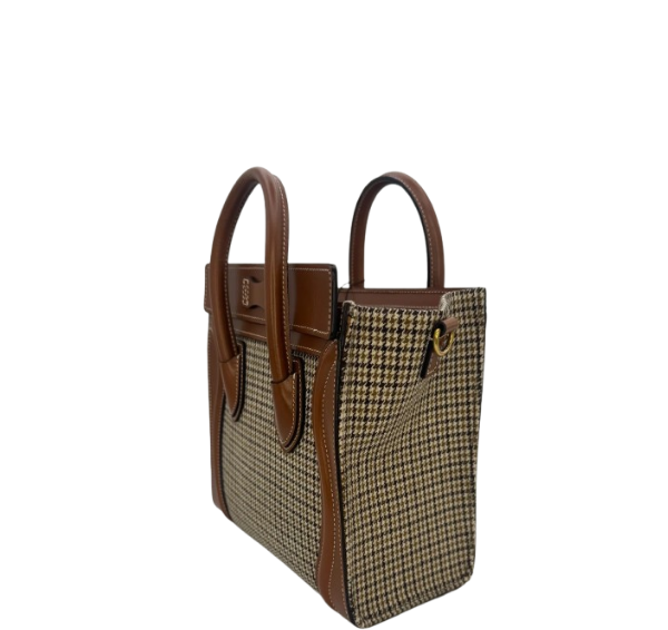 Celine Luggage Nano Tote Houndstooth Tweed & Tan Leather Top Handle Shoulder - PRELOVED