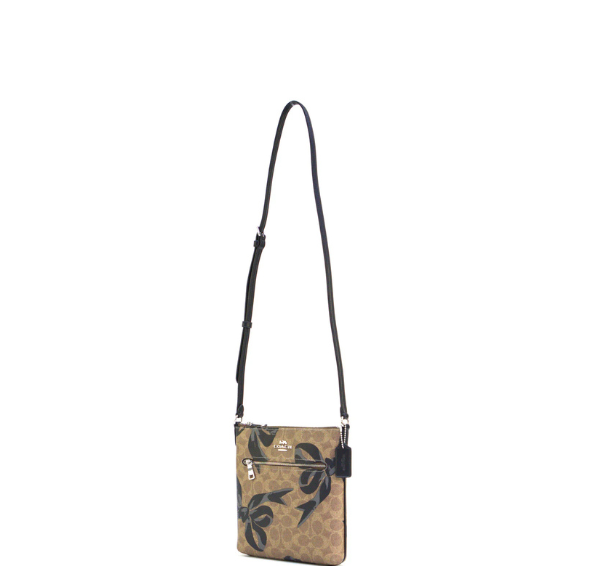 Coach Mini Rowan File Bag In Signature Canvas With Bow Print - Silver/Tan/Black Multi
