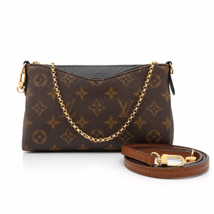 Louis Vuitton monogram canvas shoulder bag with a gold chain strap and a separate brown leather strap with gold hardware, shown on a white background.