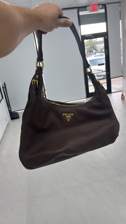 Prada  Zip Top Hobo Cervo Leather-Brown