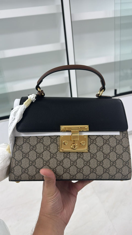 Gucci Top Handle Crossbody Handbag with Gold Lock Latch-Beige/Black/Brown