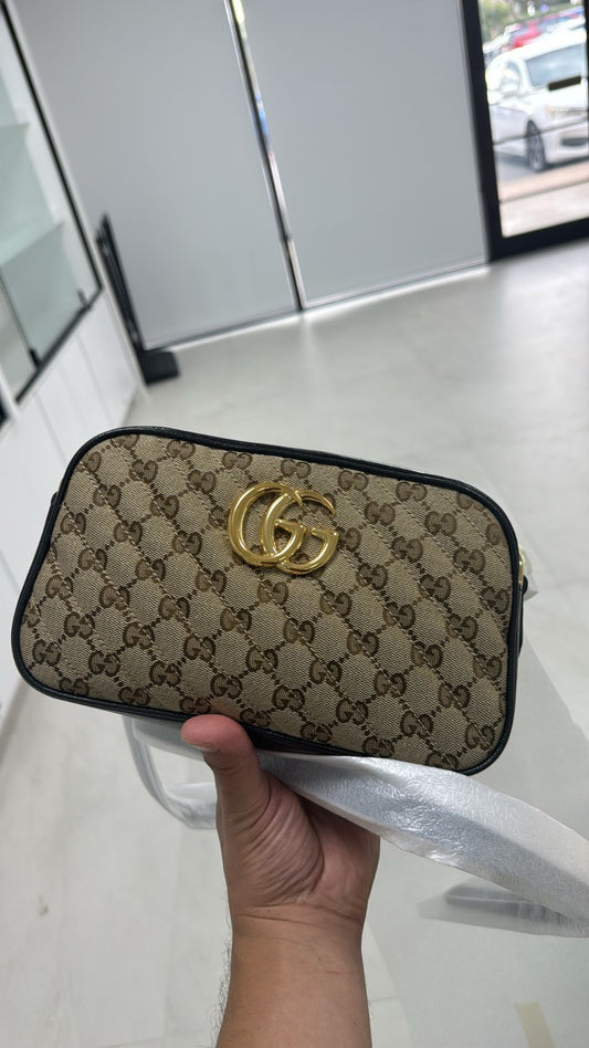 Gucci GG Marmont Original G Canvas Small Crossbody Bag- Beige/ Black