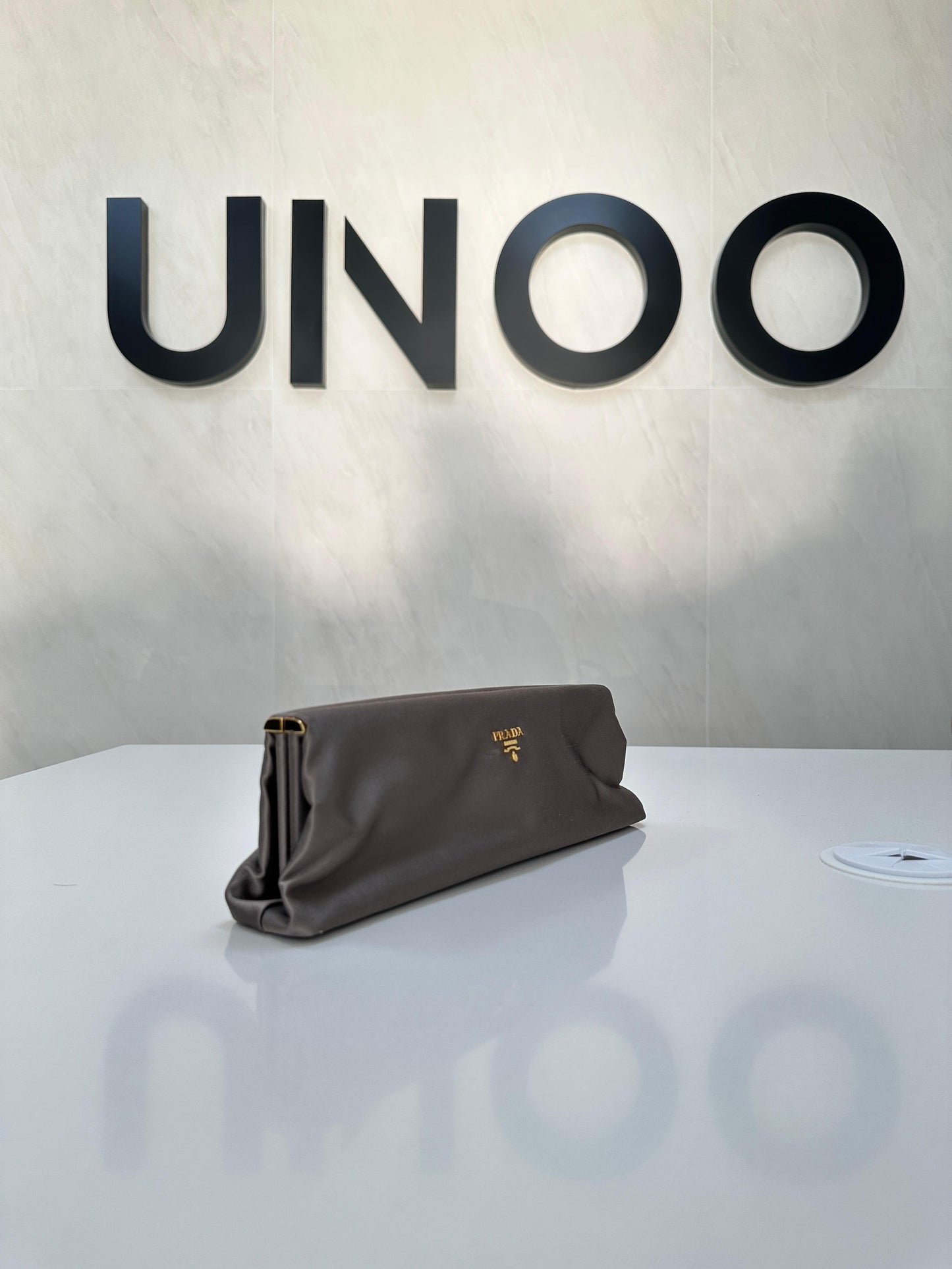 Prada Gray and Gold Hardware Satin Rectangle Clutch - PRE OWNED