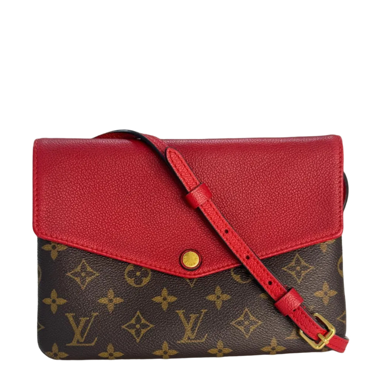 Louis Vuitton Cluny BB crossbody bag in monogram red leather with gold-tone hardware, featuring a compact design and adjustable strap.