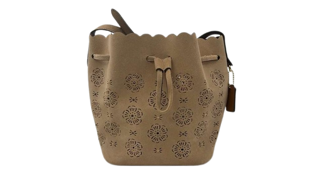 Coach Leather Drawstring Bucket Bag – Tan Perforated Floral – Crossbody Handbag - Used